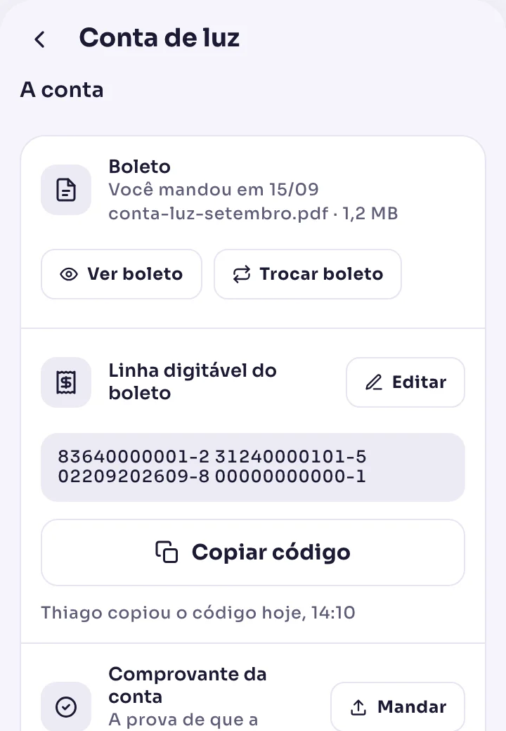 Tela de uma despesa com o boleto e os comprovantes anexados.