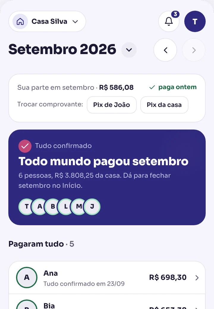 Tela de Pagamentos com todas as contas do mês pagas.